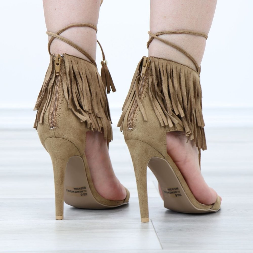 Taupe Suede Apache Fringe Tassel Stiletto Needle High Heel Sandal - Picture 4 of 9